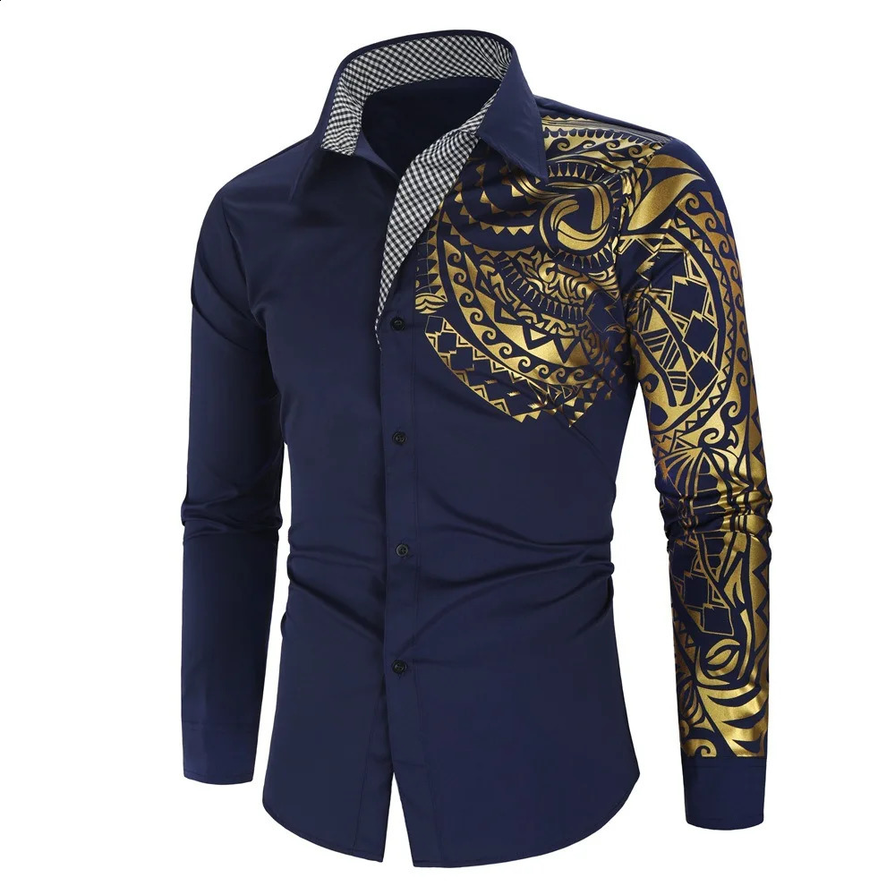 mens shirt gold stamping printed long sleeved ultra-thin fit lapel selling 241008