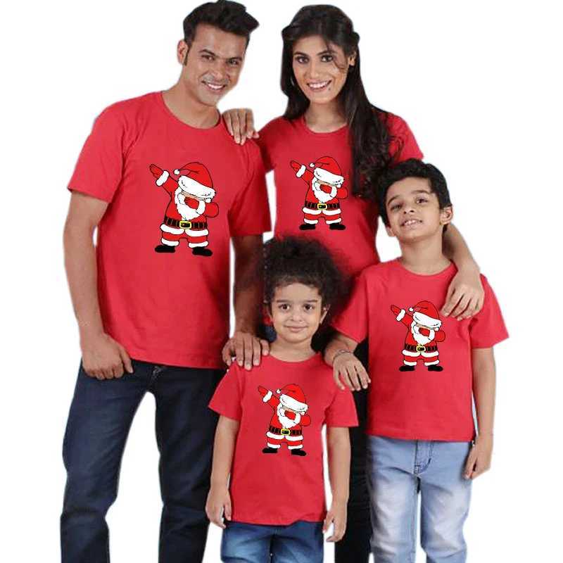 1 piece of family matching red T-shirt Santa Claus printed Christmas party costume mom and dad childrens T-shirt short sleeved T-shirt Christmas costu