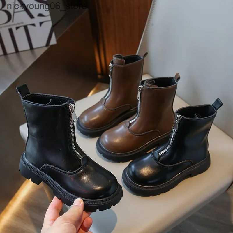 Boots Kids British Style Leather Boots New 2023 Autumn Girls Waterproof Non-slip Rubber Outsole Zipper Ankle Boots Girls Fashion Shoes L240910