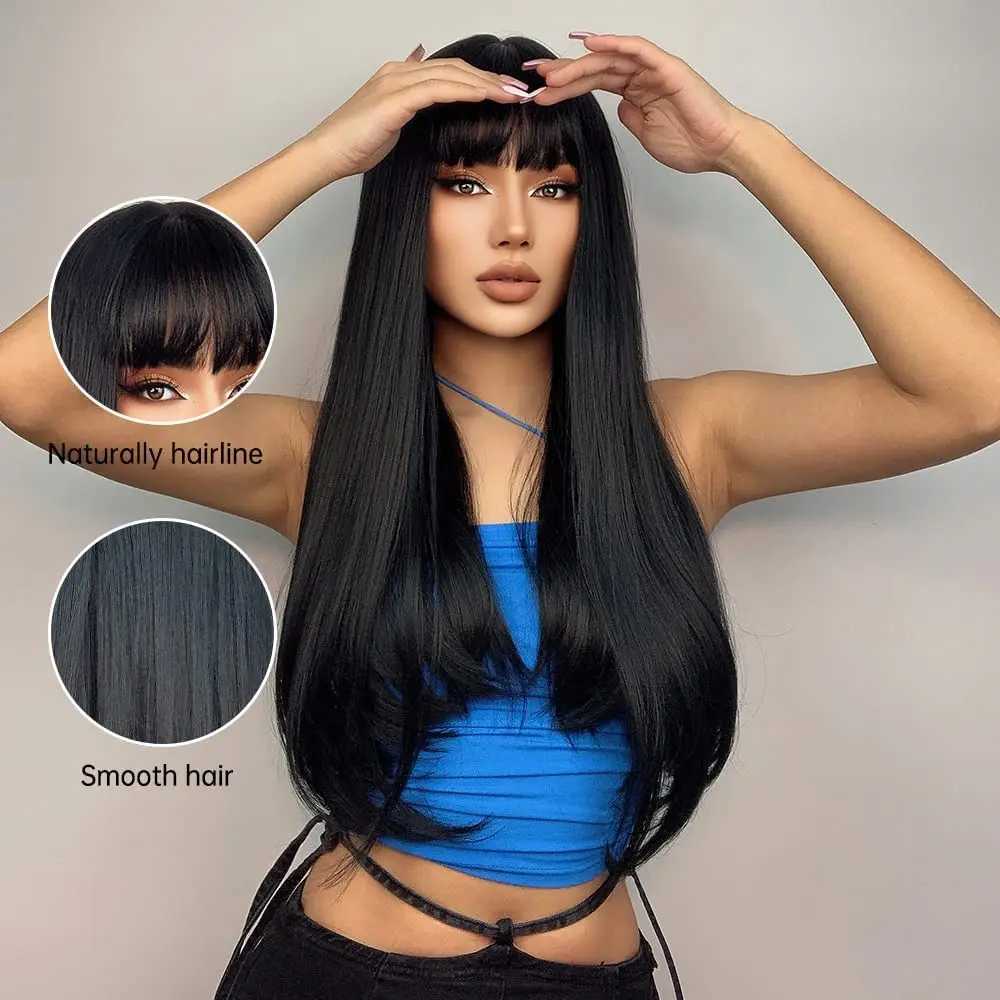 28-Inch Black Wig Long Straight Hair With Natural Fluffy Bangs Womens Synthetic Fiber Synthetic Everyday Party Cosplay WigXJ241008