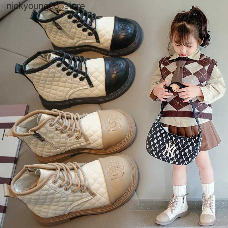 Boots Korean Version Plaid Emed Side Zippered Leather Boots Princess Boot Winter Shoe for Girl Kid Shoe for Girl Boot Zapatos L240910