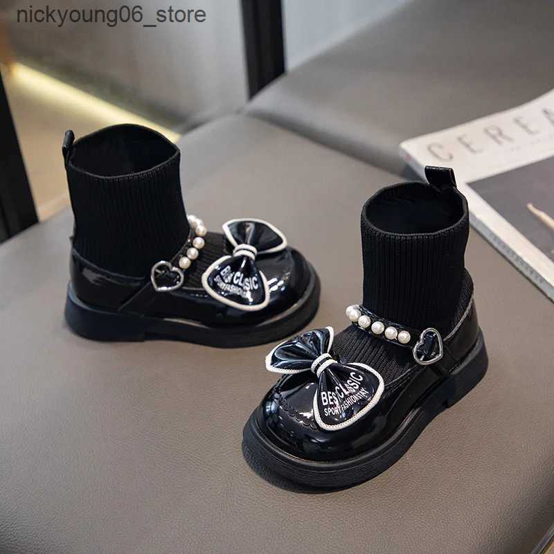 Boots Girls Socks Boots Kids Ankle Boots with Bow-knot Fashion Elegant Glossy UK Uniform Children School Princess Boots Anti-Slippery L240910