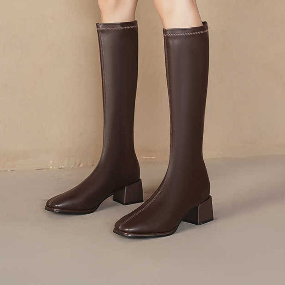 Leather Elastic Martin Boots For Women Square Toe Thick Heel Long Tube Boots For Women Zipper Back Slimmer The Knee Knight Boots 240826