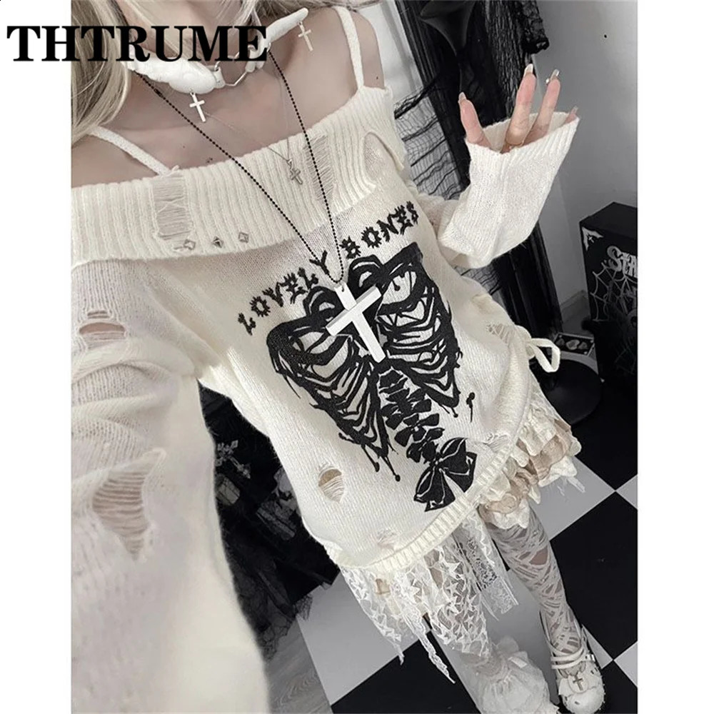 Harajuku retro Y2K sweater fashionable womens knitted hollow autumn long sleeved skydiving top casual shoulder loose zipper 240927
