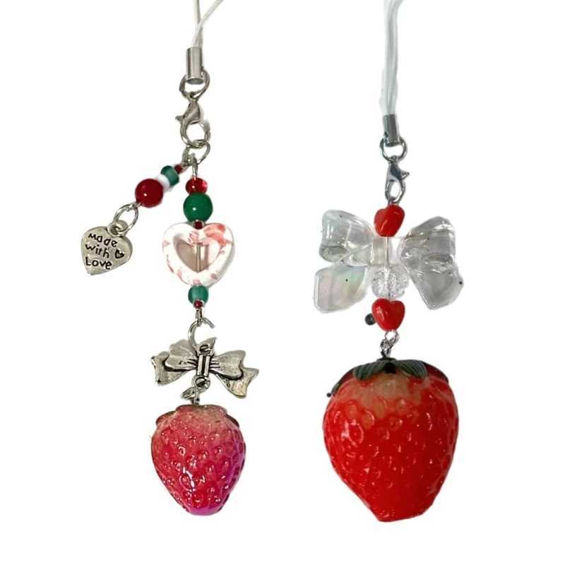 Strawberry Beaded Cell Phone Charm Handmade Keychain Pendant for Bag PurseX241008