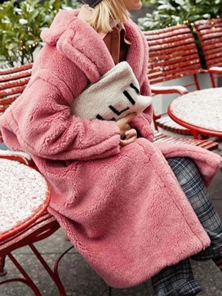 White wool coat womens winter thick warm teddy ultrafine casual long sleeved lapel 241009
