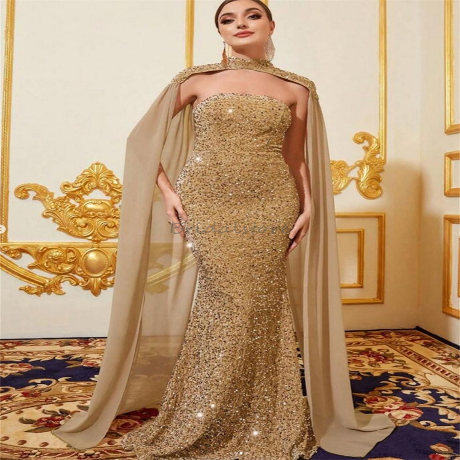 Sparkly Gold Sequin Prom Dresses With Cape Dubai Arabic Glitter Backless Evening Dress 2025 Gorgeous Strapless Mermaid Formal Occasion Party Gowns Bir