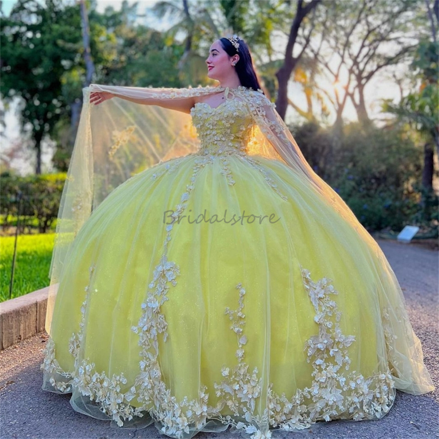 Luxury Yellow Quinceanera Dresses With Cape Dubai Appliques Lace Vestido De 15 Anos 3D Florals Fifteen Birthday Dress Elegant Princess Vestidos De Xv 