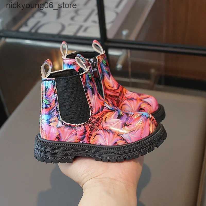 Boots Girls Ankle Boots Kids Chelsea Boots Fashion Flower Prints Rubber Outsole Toddlers Children Fashion Boots 2024 Autumn Winter New L240910