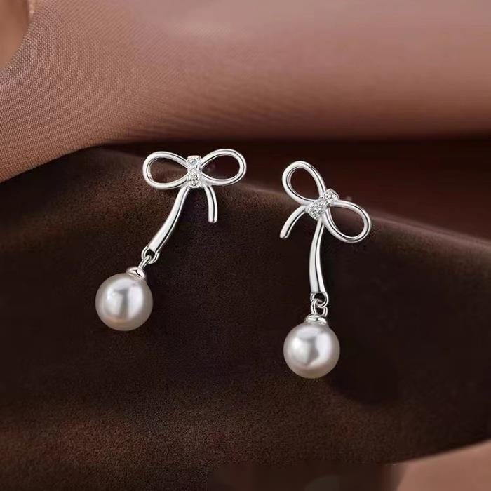 needle bow pearl new 2024 women's light niche earrings