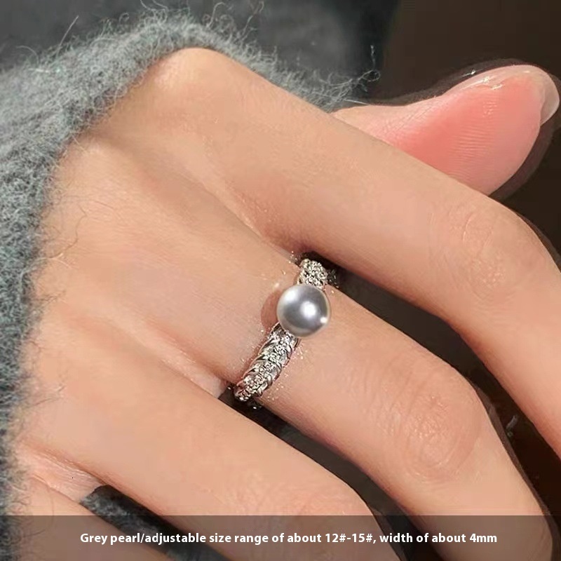 pearl sparkling diamond female niche design, open mouth ring, light luxury, high-end fashion, index finger ring