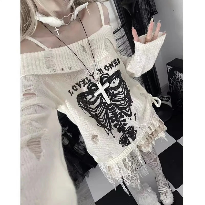 Womens white floral knit sweater Harajuku Korean style 90s Y2k long sleeved shoulder cross sweater retro 2000s clothing 240927