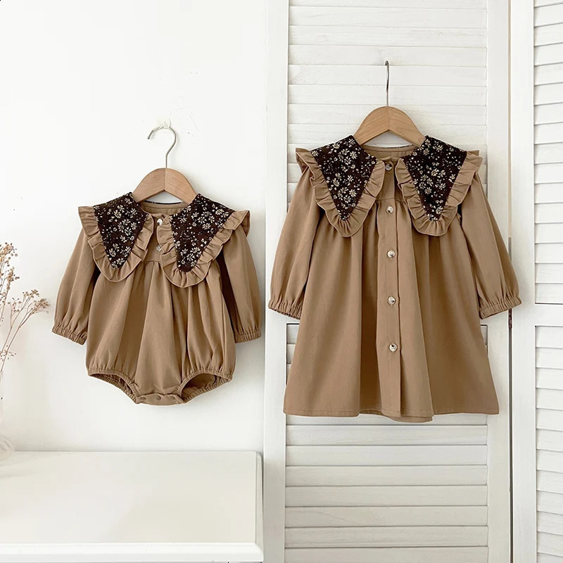 Autumn Baby Girl Dress Large lapel Vintage Long Sleeve Bodysuit Family Matching sisters Set Princess 241007