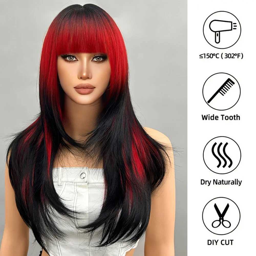 Ombre Red to Black Synthetic Wigs with Bangs Long Straight Layered Wig Colored Party for Women Heat Resistant HairXJ241008