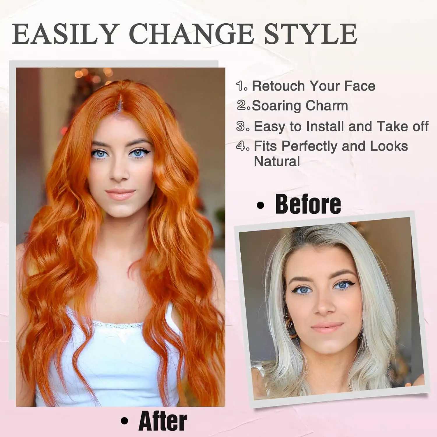 Tereshar Long Ginger Orange Wavy Synthetic Wig for Women Middle Part Curly Wavy Wig Heat Resistant Fiber Wig for Daily Party UseXJ241008