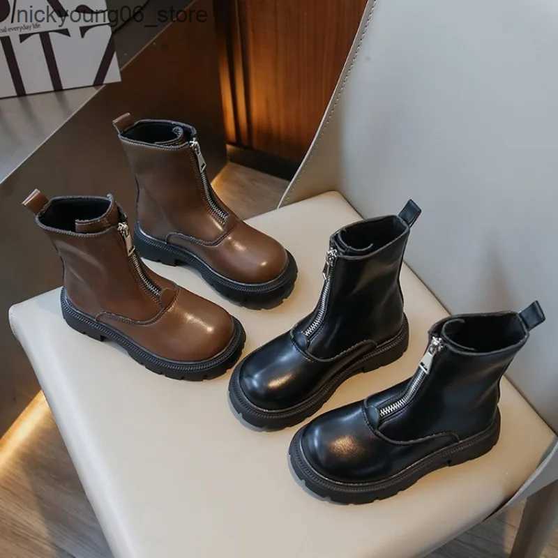 Boots Kids British Style Leather Boots New 2023 Autumn Girls Waterproof Non-slip Rubber Outsole Zipper Ankle Boots Girls Fashion Shoes L240910
