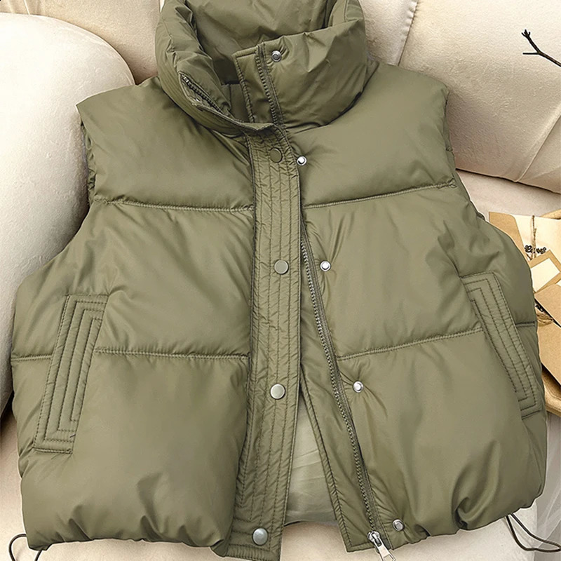 Vests Cotton Parkas Women Black Button Stand-collar Sleeveless Fall Winter Warm Bread Clothes Fashion Casual High Street Jacket 241008