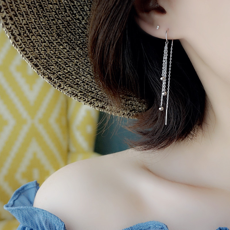 Pure sier needle for women, internet famous earrings, curved hoo, round beads, tassels, niche earrings