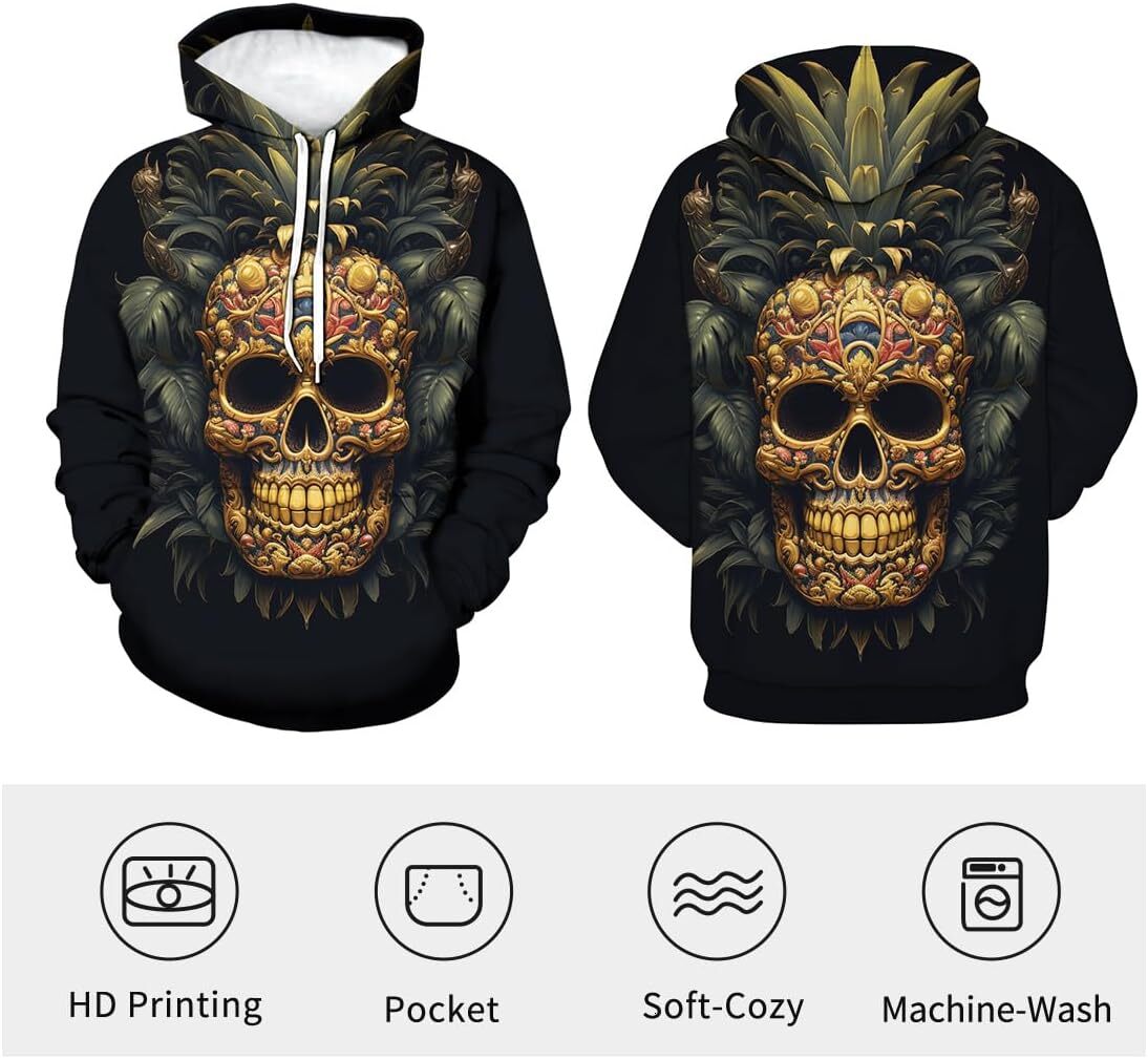 Hoodie for Mens Womens Psychedelic Gold Skull Hoodies Printed Hooded Hipster Hip Hop Funny Sweatshirt Hoodie Graphic comfort