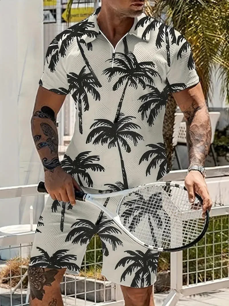 Zipper POLO Shirt Shorts Set Summer Fashion Casual Mens Sports 3D Printed Simple Style Lapel 2 Sets 241008