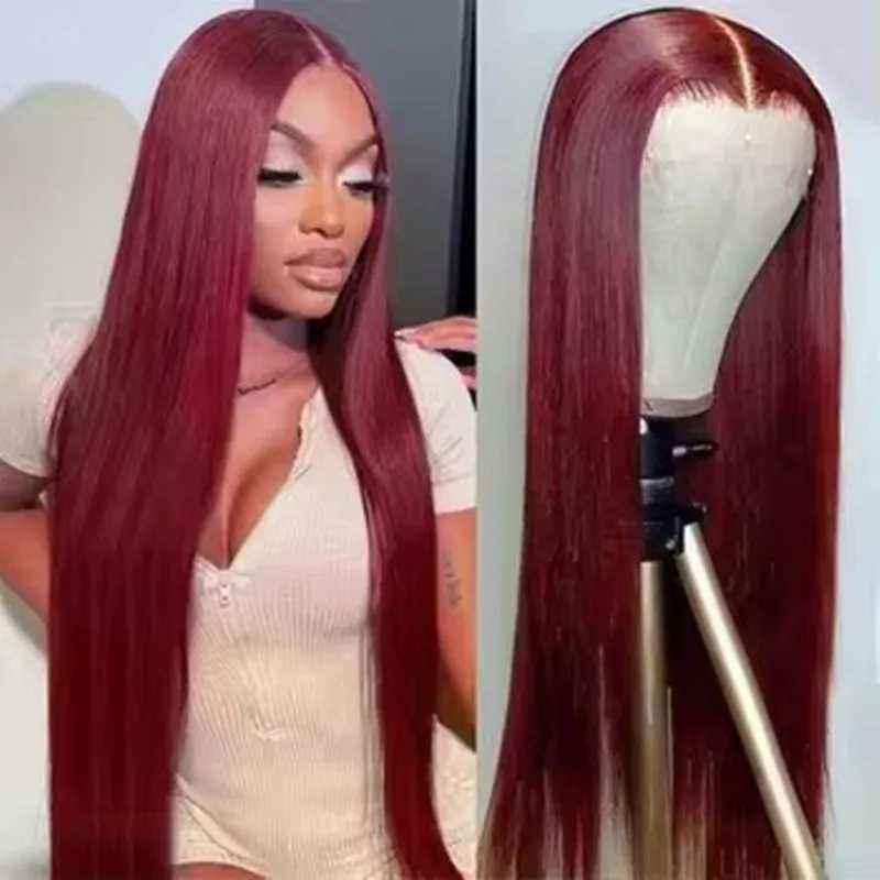 99J Red Burgundy Color Long Skily Straight 13X4 Lace Frontal Synthetic Wig For Women Heat Resistant Fiber Daily Party CosplayXJ241008