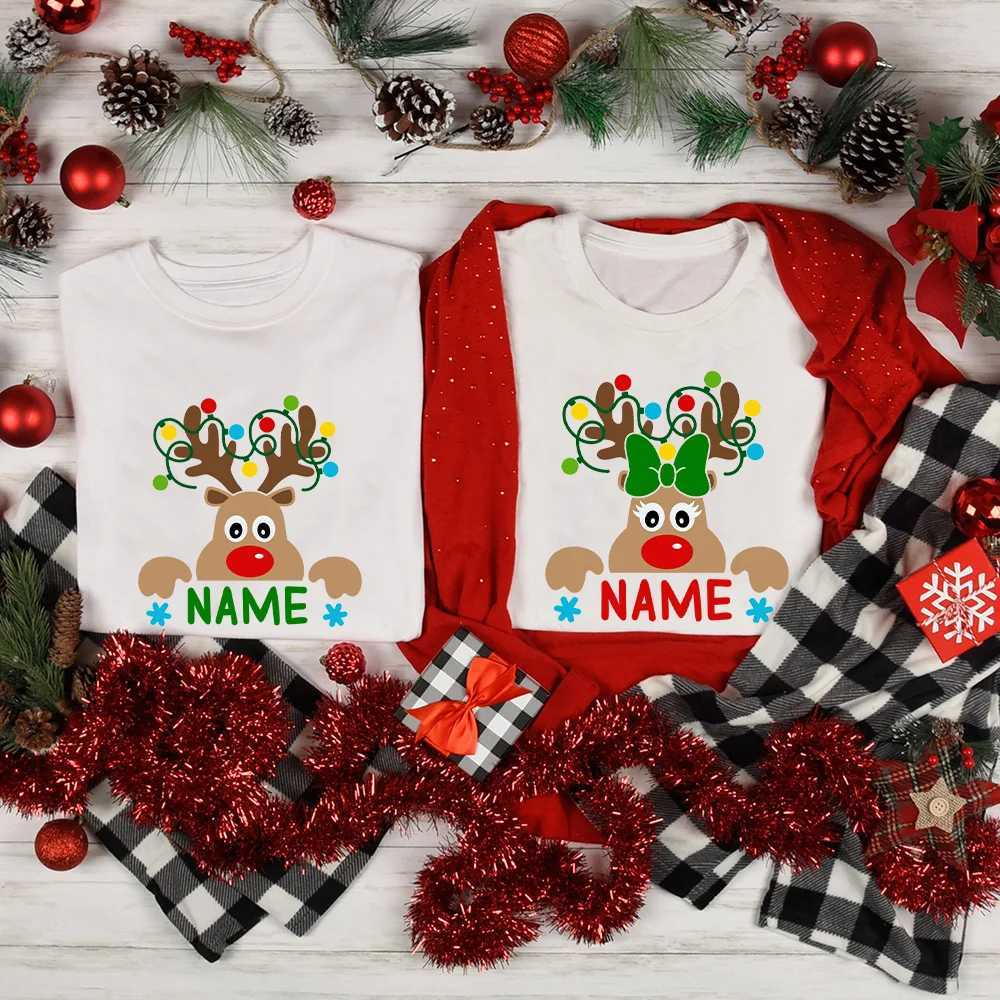 Match Christmas Family Shirt Custom Name Reindeer Graphic T-shirt for Personalized Family Holiday Mom and Dad My Shirt W241008