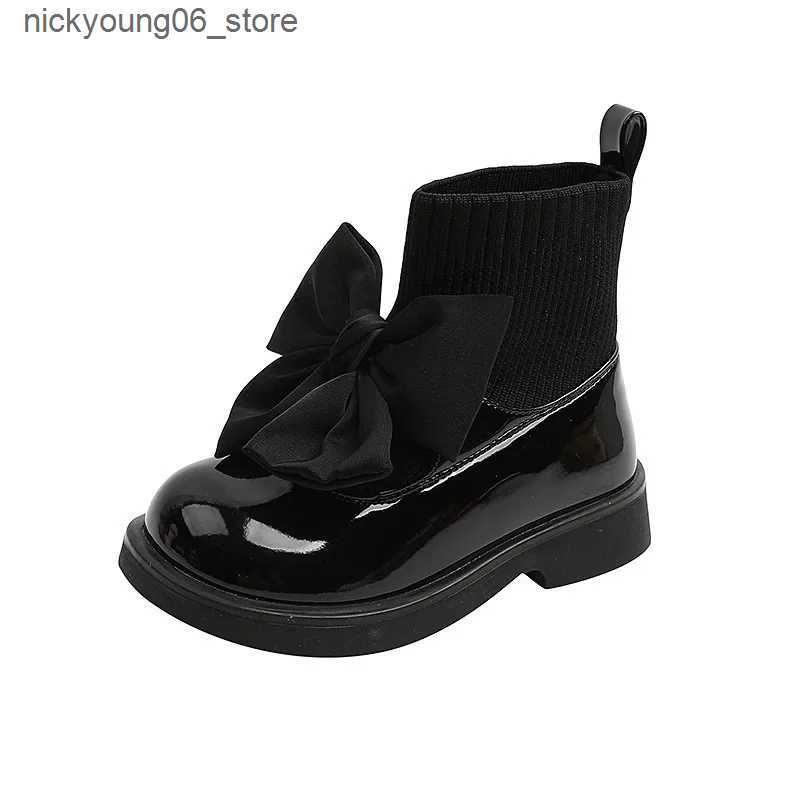 Boots Childrens Boots Fashion PU Solid Black Bow Girls Uniform 2022 Spring and Autumn New Kids Fashion Flying Knit School Socks Shoes L240910