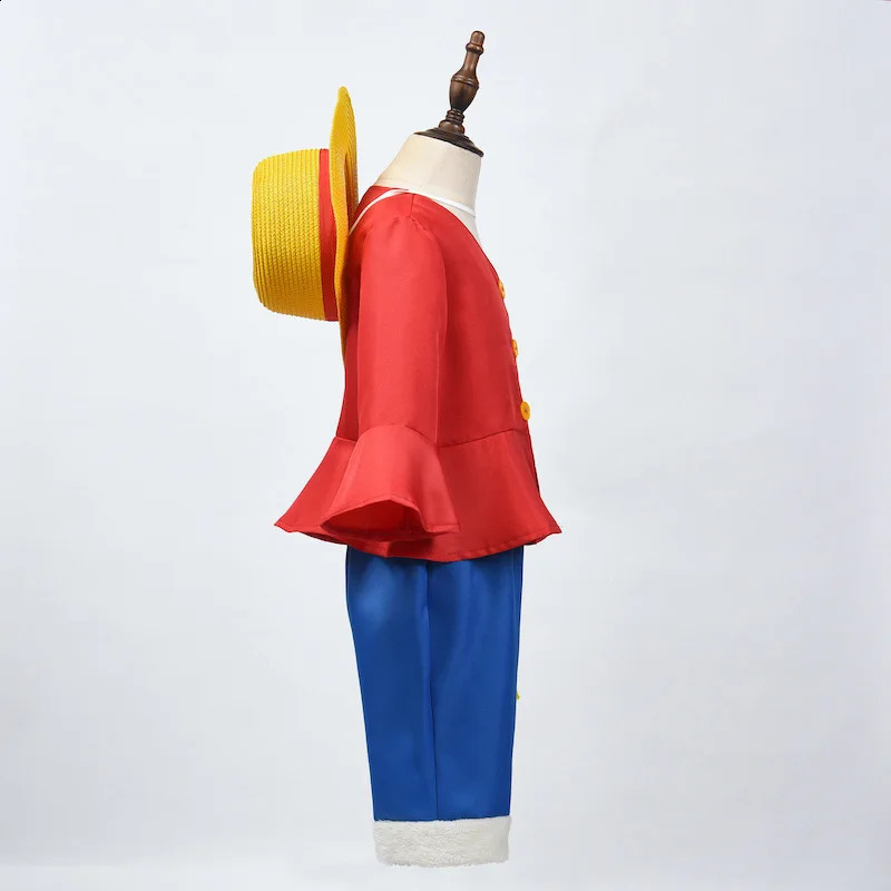 Kids Anime Luffy Cosplay Costume with Straw Hat for Boys Halloween Carnival Uniform Coat Pants Belt Full Set Dress Up 240929