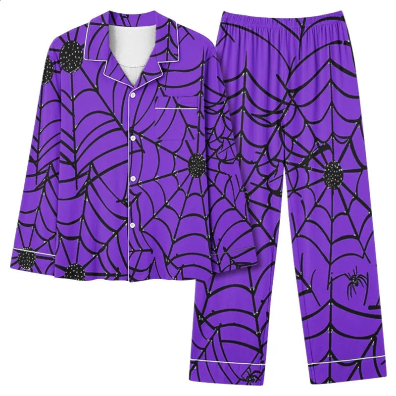 Autumn pajama set for womens Halloween bat print long sleeved elastic waist loose pants twopiece clothing 241008