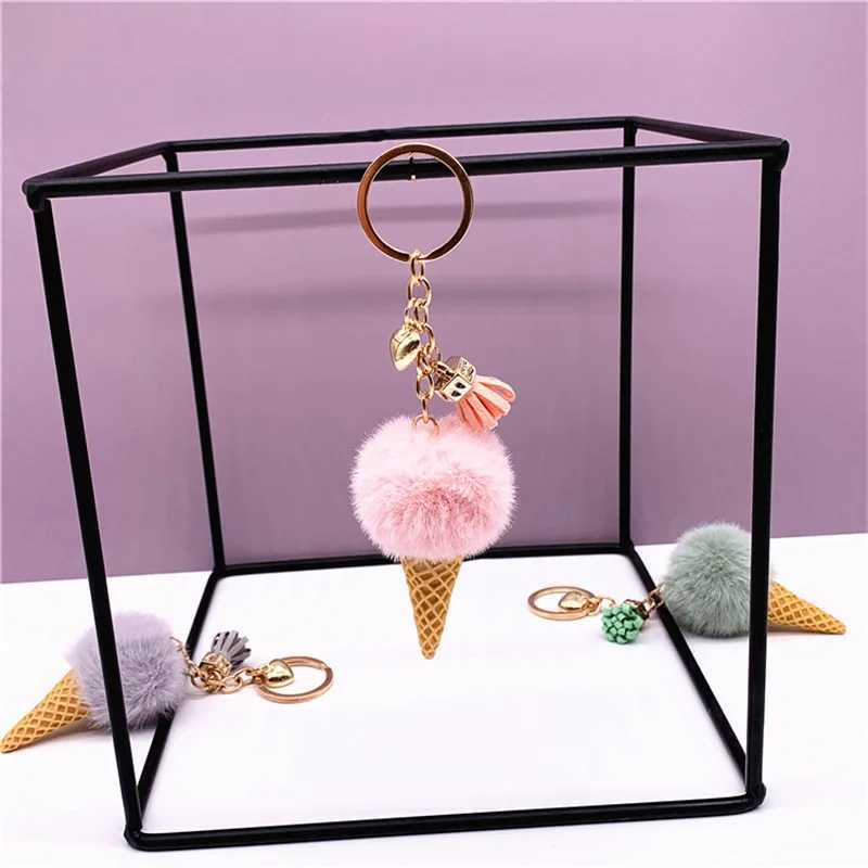 New Ice Cream Fluffy Ball Keychain Ring Pompon Pendant Keychain Cute Cartoon Keychain Cone Suspended Car GiftsX241008