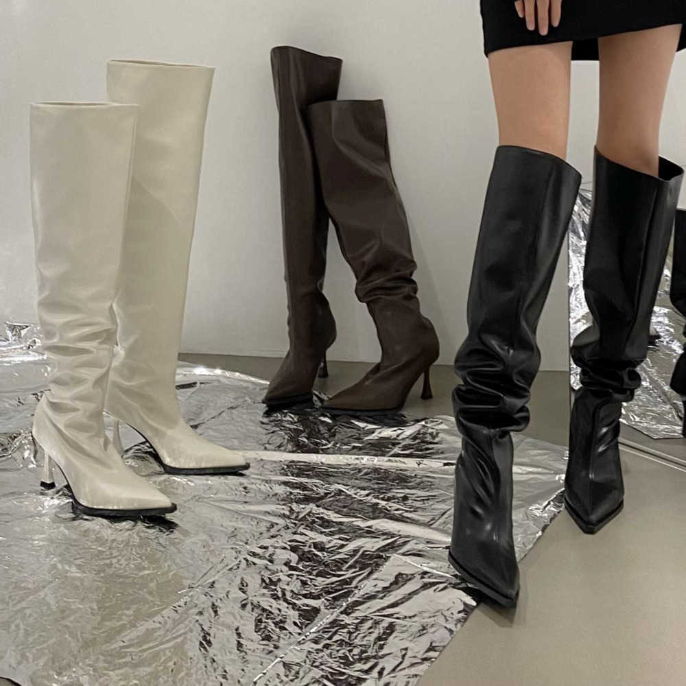 Spicy Girl Up Martin Boots Wide Tube Long Fashion Boots For Women Slimming Pointed High-heeled Soft Leather Boots Knee Long Tube Boots 240826