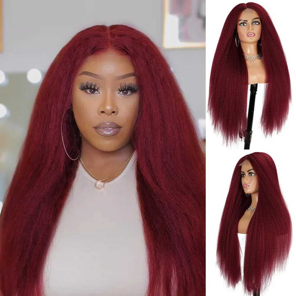Long Brown Kinky Straight Wig Copper Red Yaki 28 30 inch Wigs For Women With Natural Hairline Hair Heat Temperature GluelessXJ241008