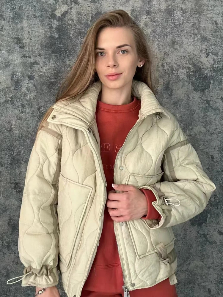 ZBZA Women Color Matching Jacket Quilted High Neck Long Sleeves Invisible Zip Button Big Pocket Warm Outerwear Winter Lady Coat 241007