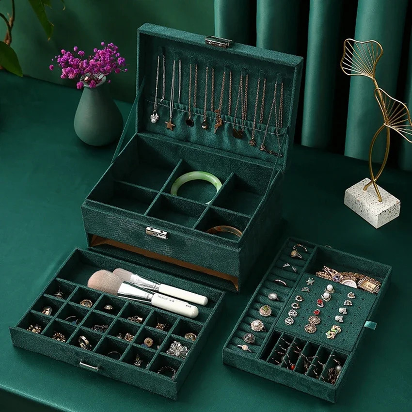 3-layer green velvet jewelry organizer large capacity ring necklace makeup stand with lock womens jewelry box 241007