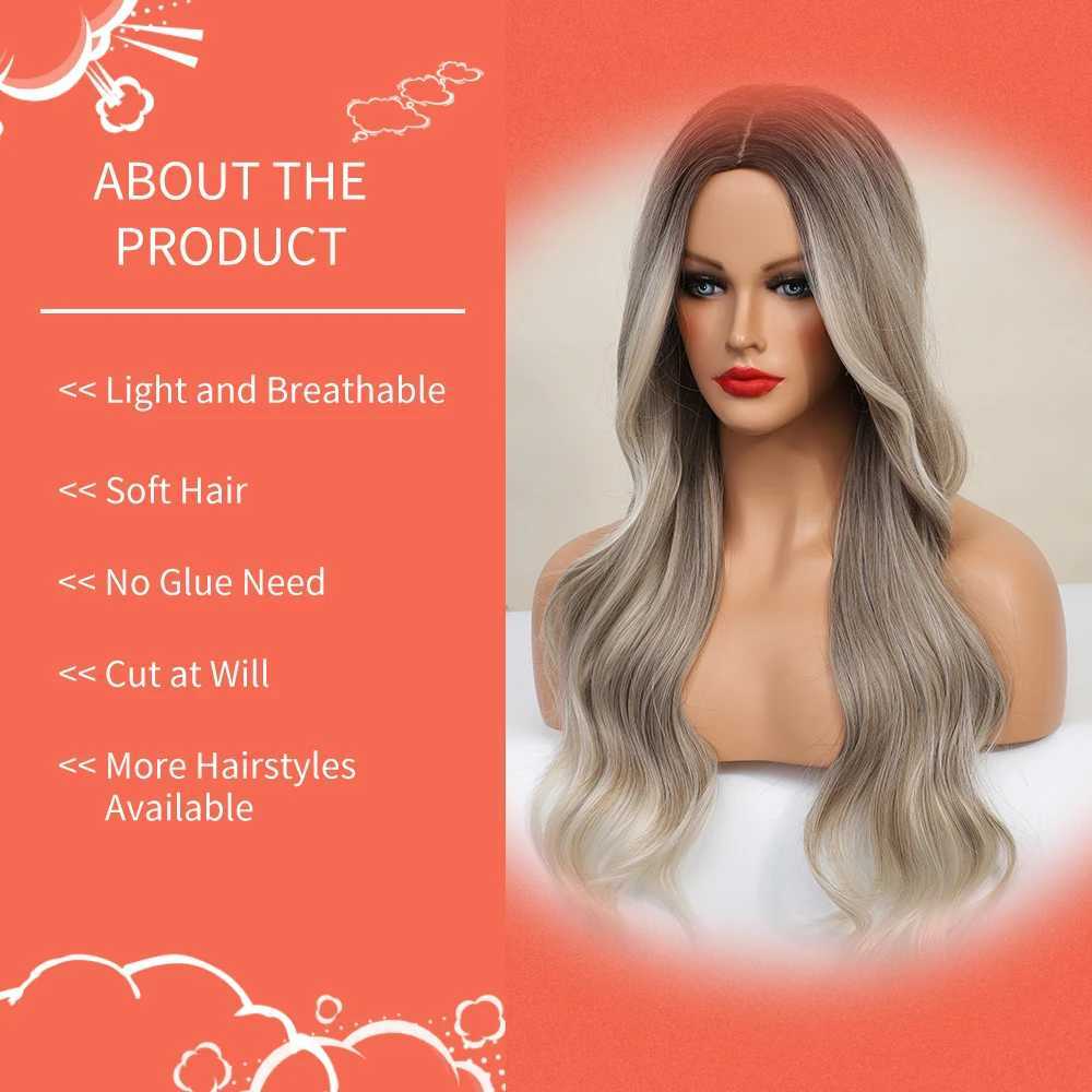 Synthetic Lace Wigs For Women Ombre Blond Lace Wigs Body Wave 26 Inches Long Wavy Cosplay Wigs T Part Lace Wig Heat ResistantXJ241008
