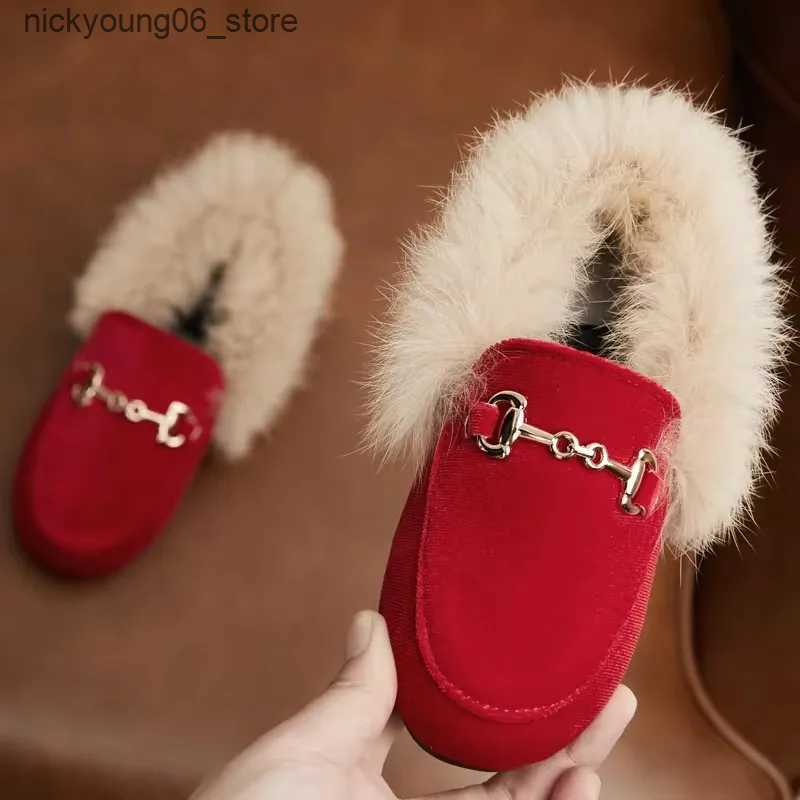 Boots Winter Kids Fur Princess Shoes Baby Girls Velvet Brand Flats Children Slip On Shoes Toddler Fashion Dress Loafers Boys Moccasin L240910