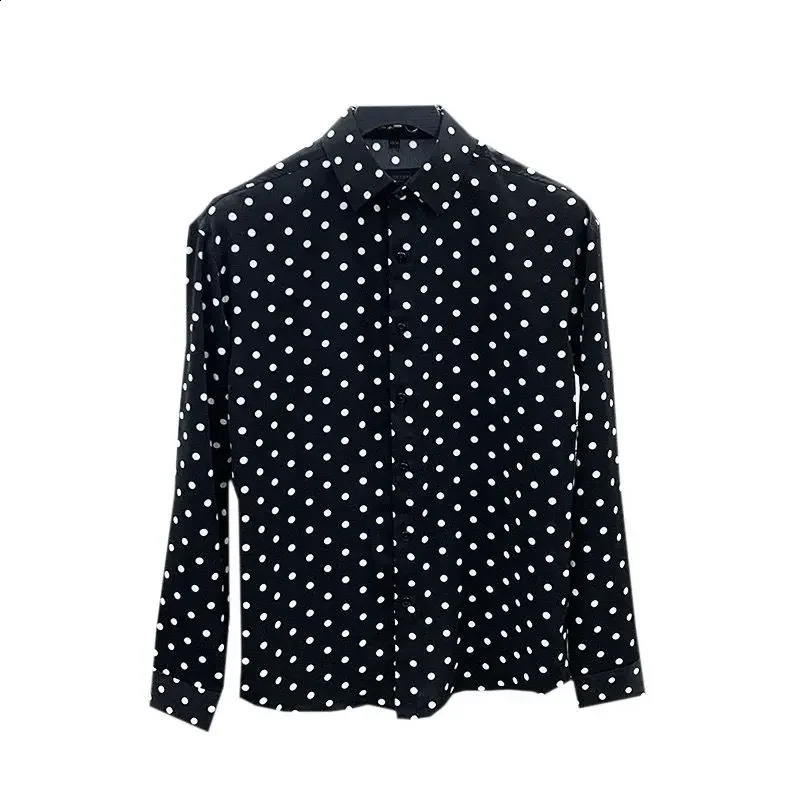 Mens polka dot print lapel long sleeved casual button down business shirt for streetwear handsome Camisas top A158 241008CJ