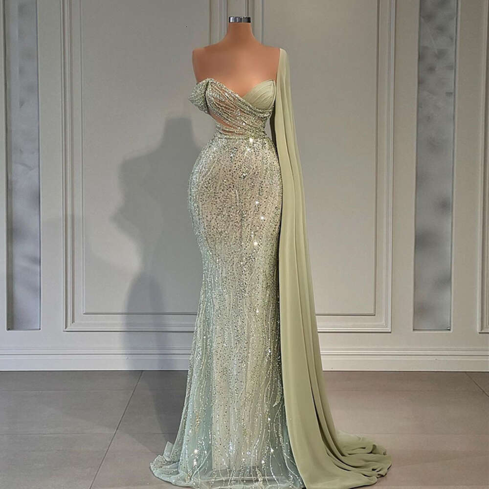 2024 Green Mermaid New Evening With Cape Sleeve Formal Prom Dress Sweetheart Elegant One Shoulder Dubai Party Gowns