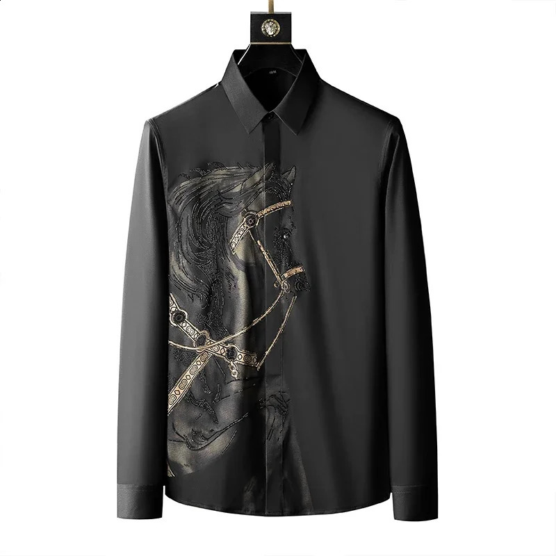 ly embroidered lapel print mens shirt versatile modified body printed drill ironless mens long sleeved shirt 241008