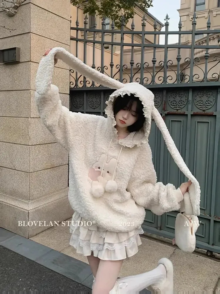 Deeptown Kawaii Bunny Hoodies Women Sweet Japanese Cutecore Lamb Wool Pullovers Warm Winter Fleece Sweatshirts Loose Soft 241008