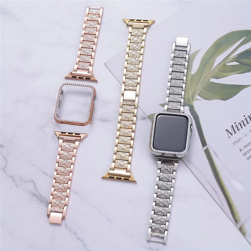 Diamonds Band + Cases with AppleWatch Band Case 40mm for Apple Watch Series 10 9 8 7 6 Bling Cases Crystal Diamond Protective Cover Bumper for 46mm 38