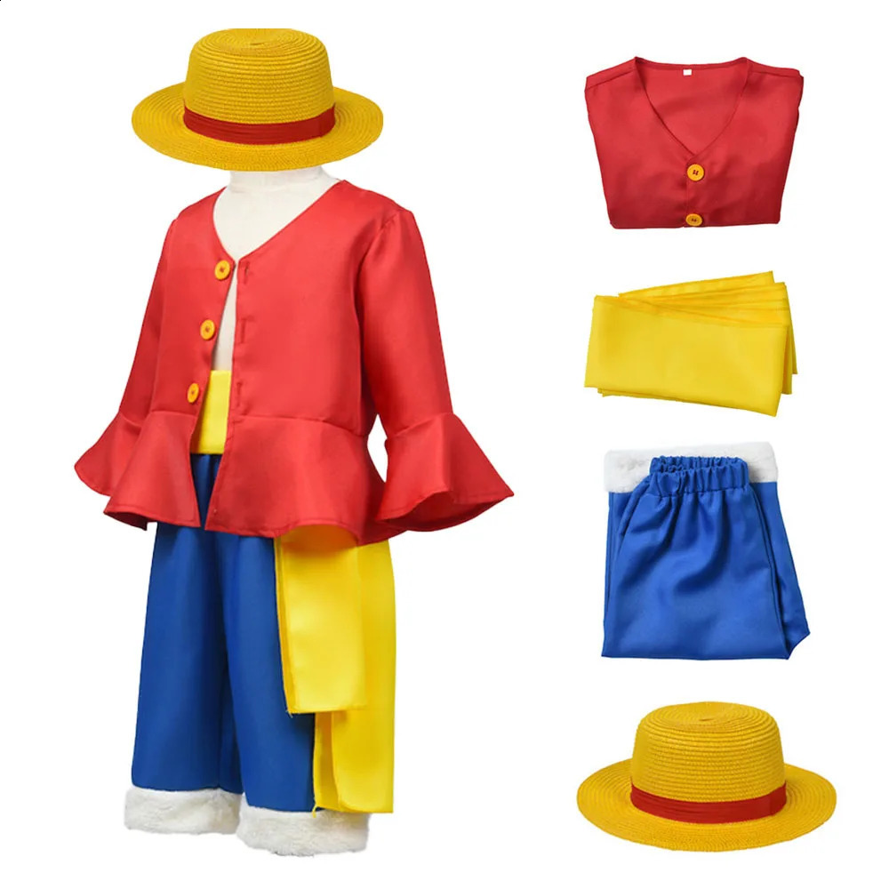 Kids Anime Luffy Cosplay Costume with Straw Hat for Boys Halloween Carnival Uniform Coat Pants Belt Full Set Dress Up 240929