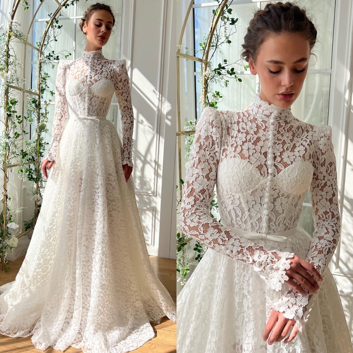 Muslim lace A e dresses high neck illusion long sleeves wedding dress plus size front button fulllace bridal gowns