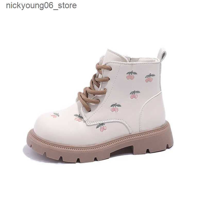 Boots 2024 Autumn New Girls Boots Fashion Embroidery Flower Ankle Boots PU Leather Causal Kids Shoes Side Zipper Cute Princess Botas L240910