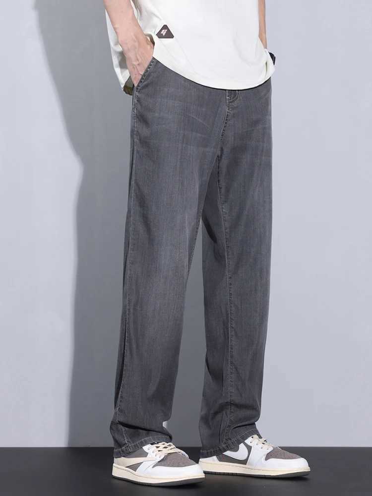 Ultra thin mens jeans straight Lyocell gray breathable pocket pants casual soft mens jeans TrouserW240715