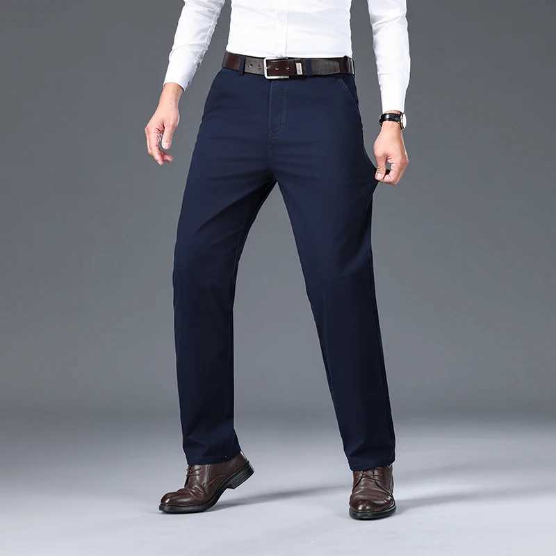 Autumn Classic Mens High Waist Business Jeans High Quality Deep Blue Straight Stretch Denim Mens Brand Thick PantsW240715