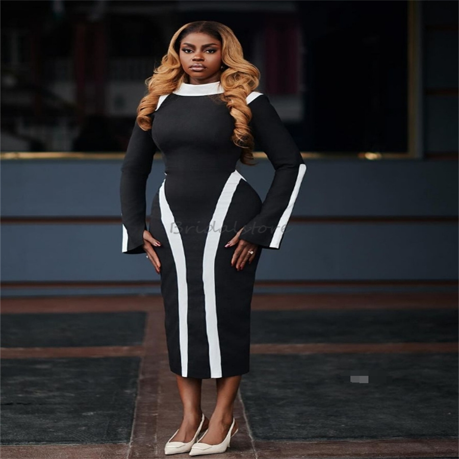 Elegant African Black Girls Evening Dress O neck Long Sleeve Satin Short Prom Dresses 2025 Chic Mermaid Cocktail Party Dress Black And White Formal Oc
