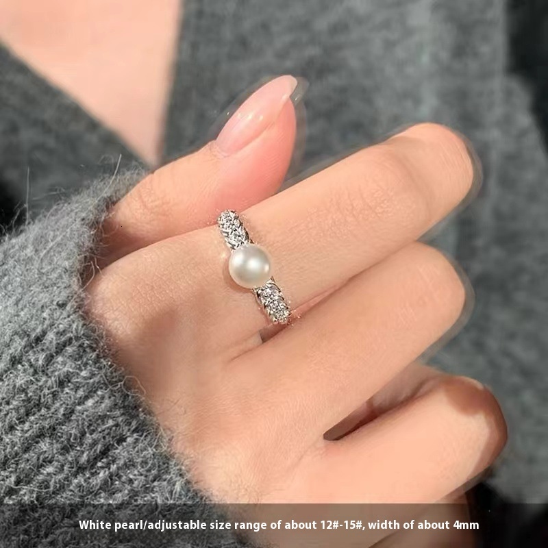 pearl sparkling diamond female niche design, open mouth ring, light luxury, high-end fashion, index finger ring