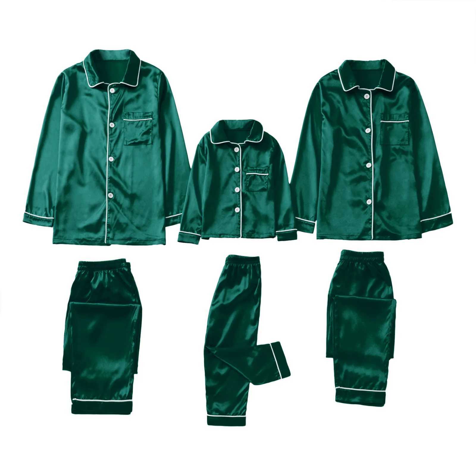 2PCS Christmas satin pajamas PJ solid color family matching Christmas long sleeved pajamas set W241008