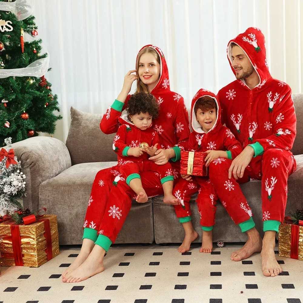 New Christmas look flannel warm thick sleepwear jumpsuit Allover Print Parent Child Matching Outfits soft hooded family clothing set W241008